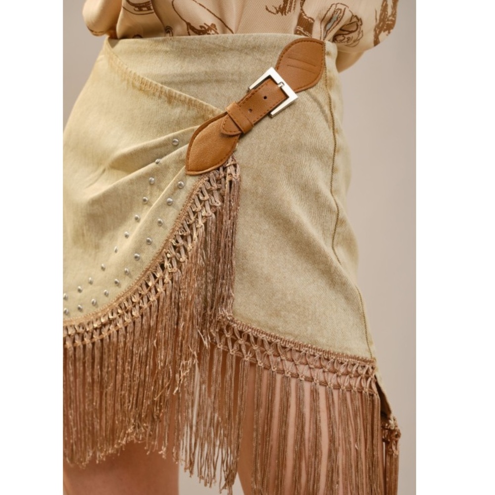 💥SOLD OUT💥Fringe Wrap Mini Skirt with Belt in Tan